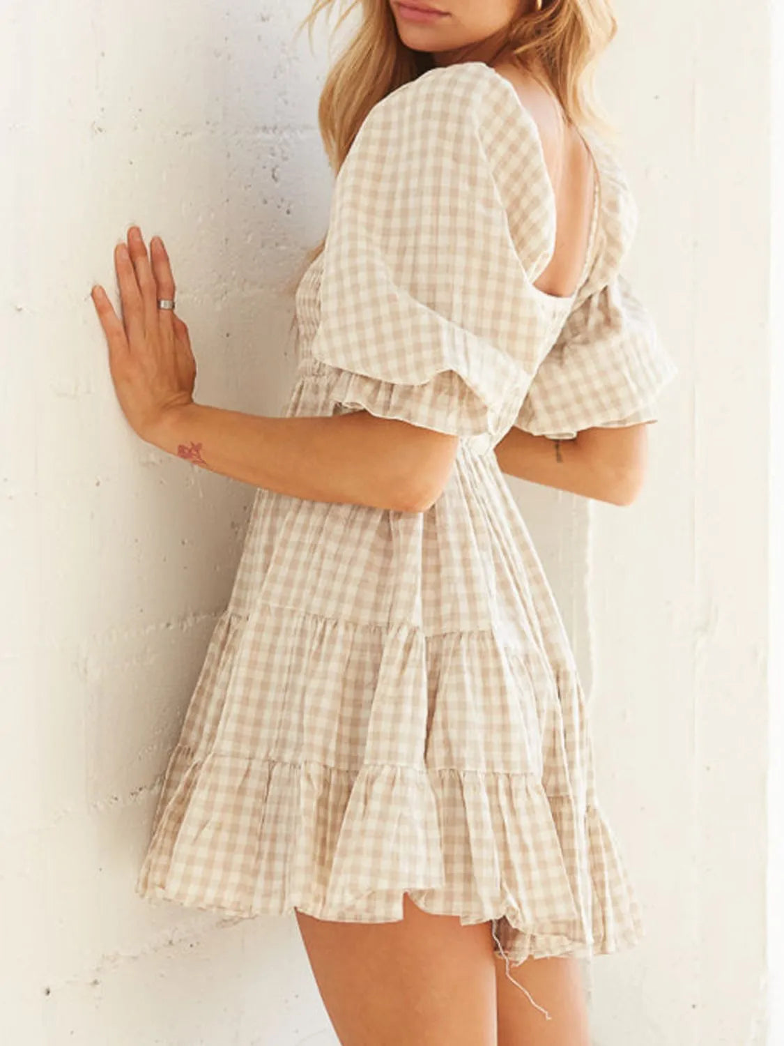 Ruffled Hem Plaid Half Sleeve Mini Dress.