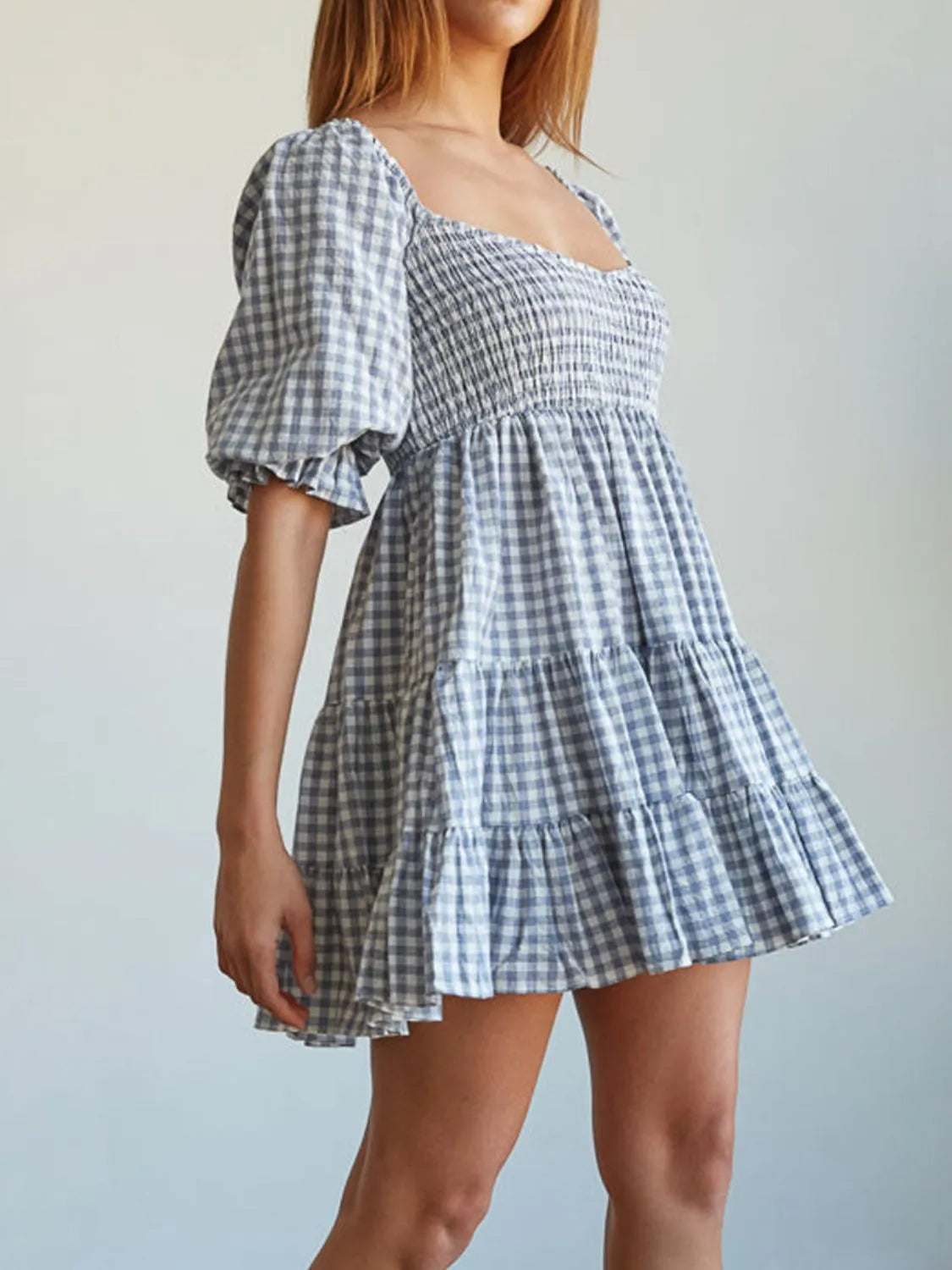 Ruffled Hem Plaid Half Sleeve Mini Dress.