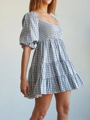 Ruffled Hem Plaid Half Sleeve Mini Dress.