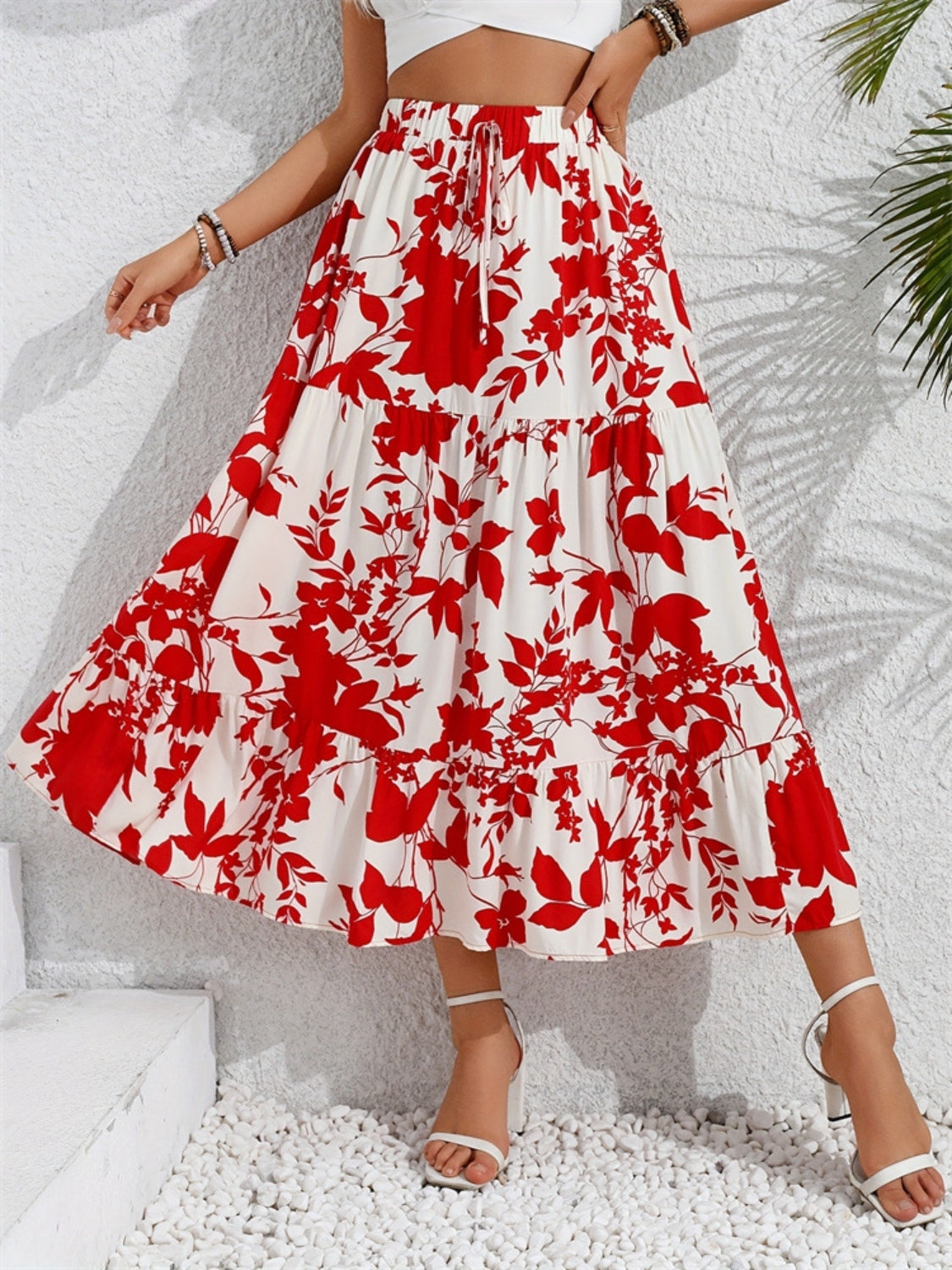 Ruffled Hem Printed Midi Skirt.