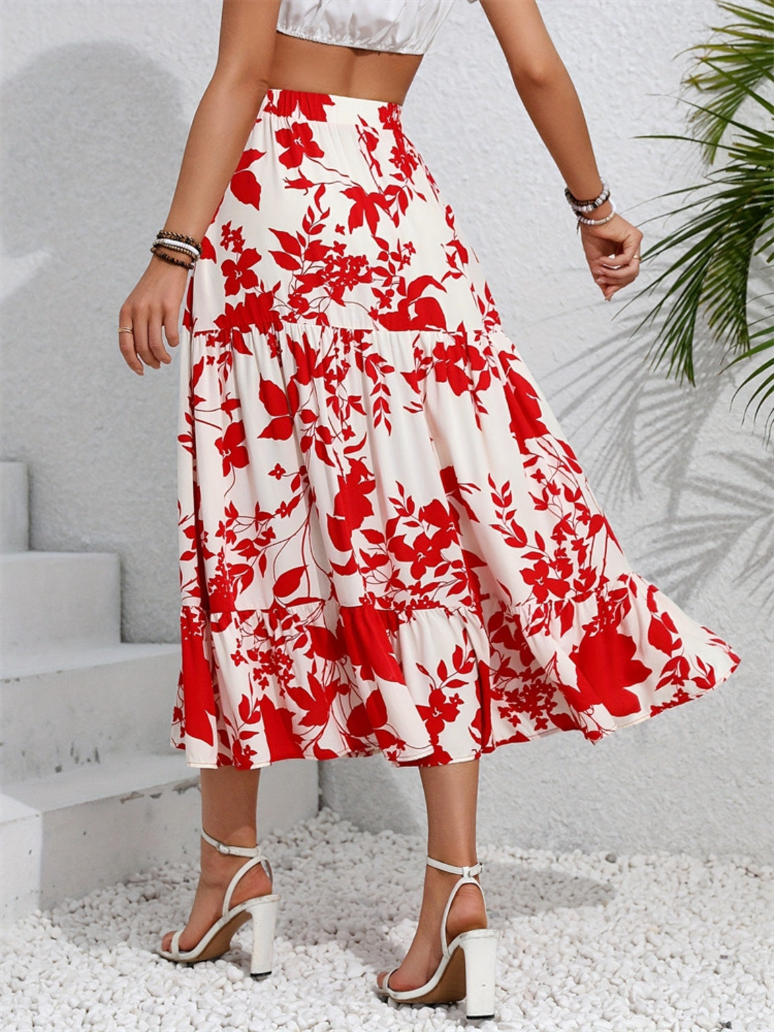 Ruffled Hem Printed Midi Skirt.