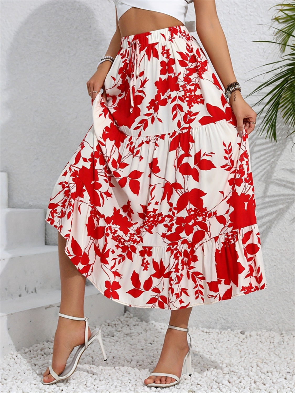 Ruffled Hem Printed Midi Skirt.