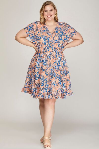 She Sky Full Size Ruffled Hem Printed Surplice Kimono Sleeve Mini Dress Plus Size.