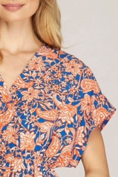 She Sky Full Size Ruffled Hem Printed Surplice Kimono Sleeve Mini Dress Plus Size.