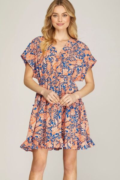 She Sky Full Size Ruffled Hem Printed Surplice Kimono Sleeve Mini Dress Plus Size.