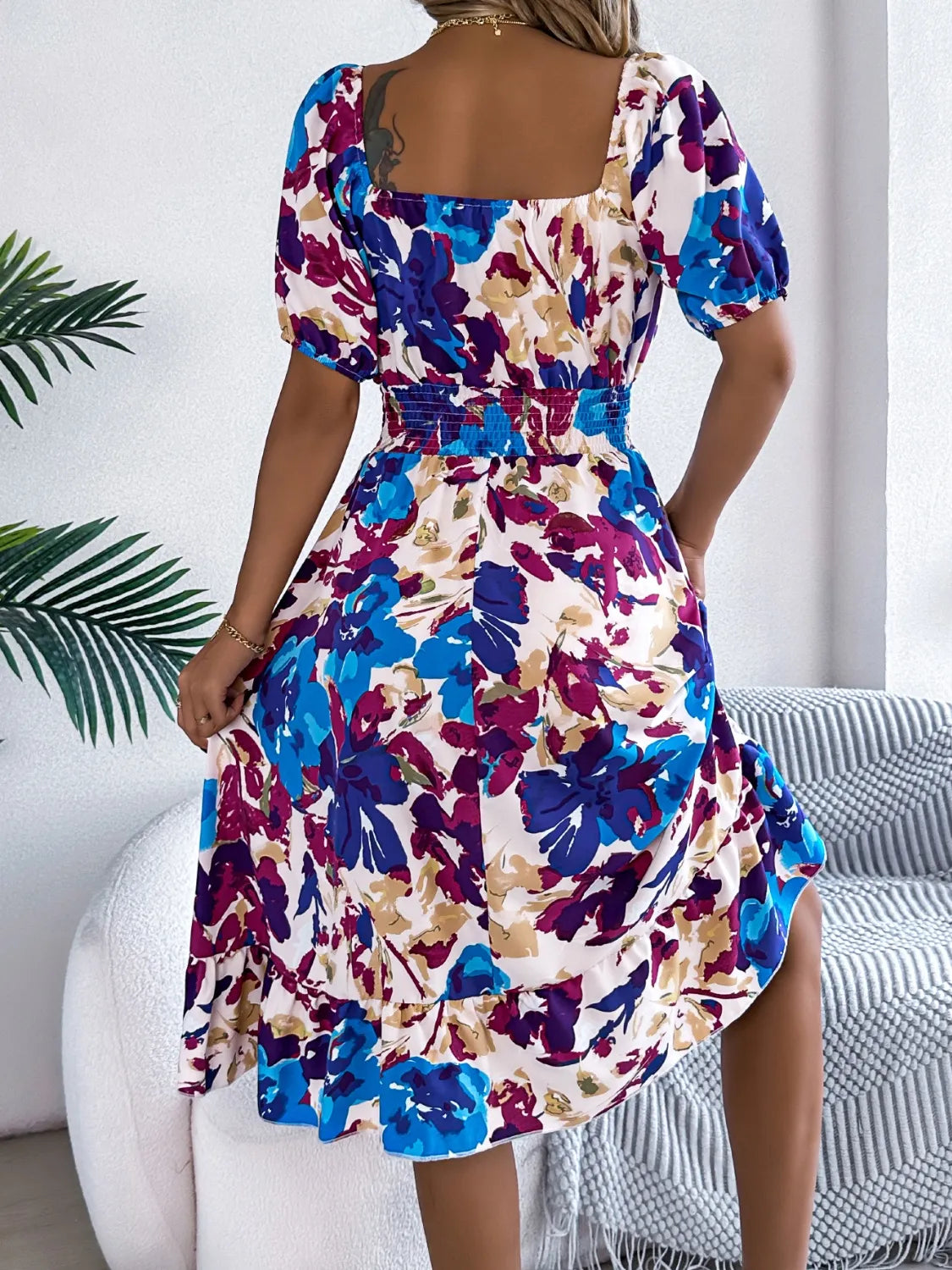 Ruffled Hem Smocked Floral Short Sleeve Midi Dress.