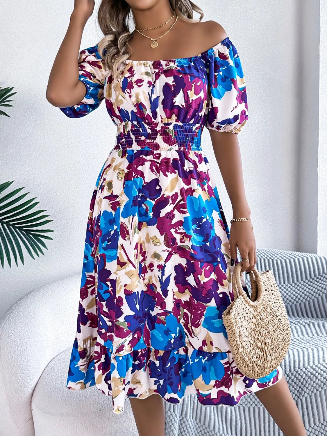 Ruffled Hem Smocked Floral Short Sleeve Midi Dress.
