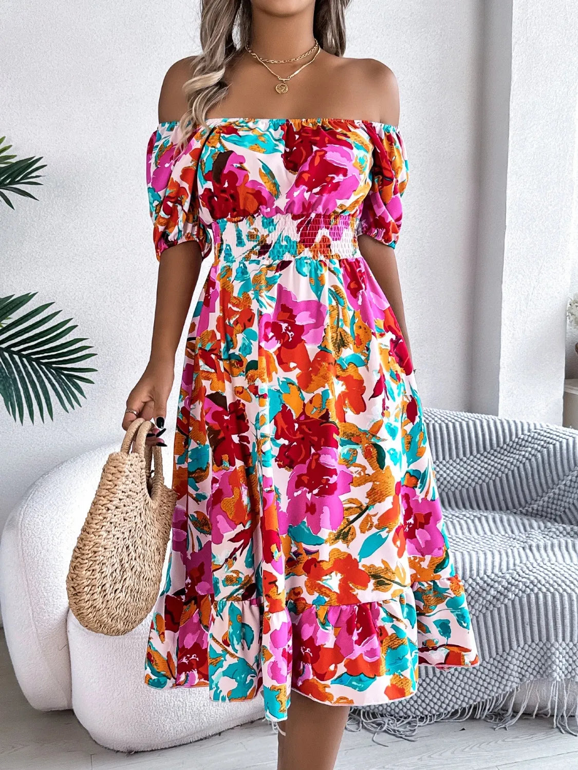Ruffled Hem Smocked Floral Short Sleeve Midi Dress.