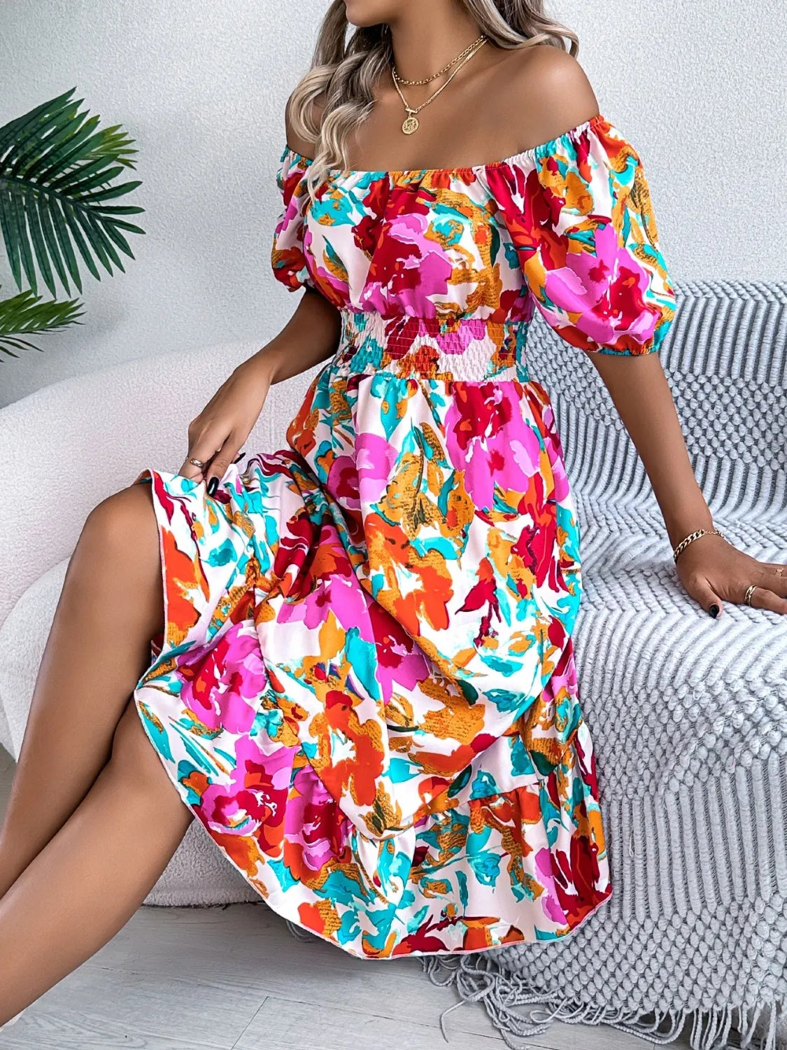 Ruffled Hem Smocked Floral Short Sleeve Midi Dress.
