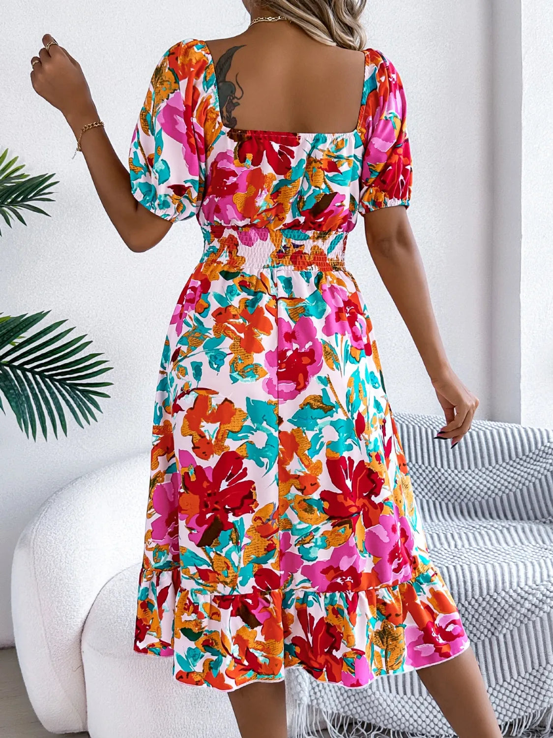 Ruffled Hem Smocked Floral Short Sleeve Midi Dress.