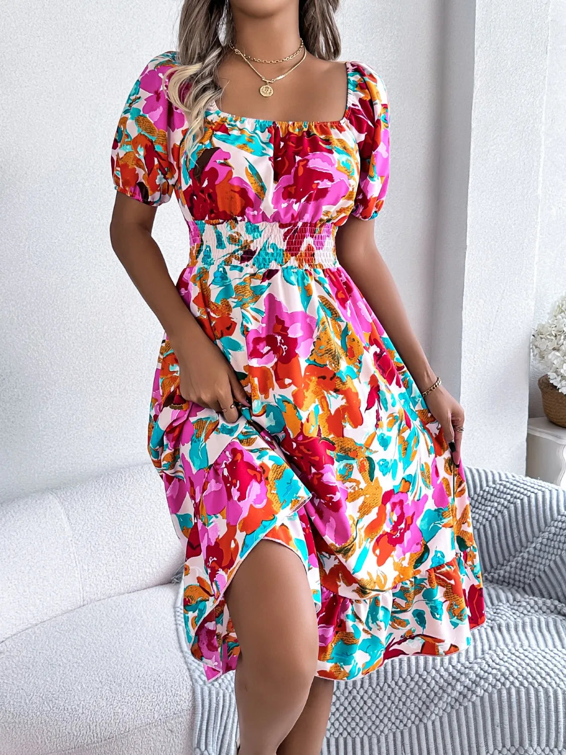Ruffled Hem Smocked Floral Short Sleeve Midi Dress.