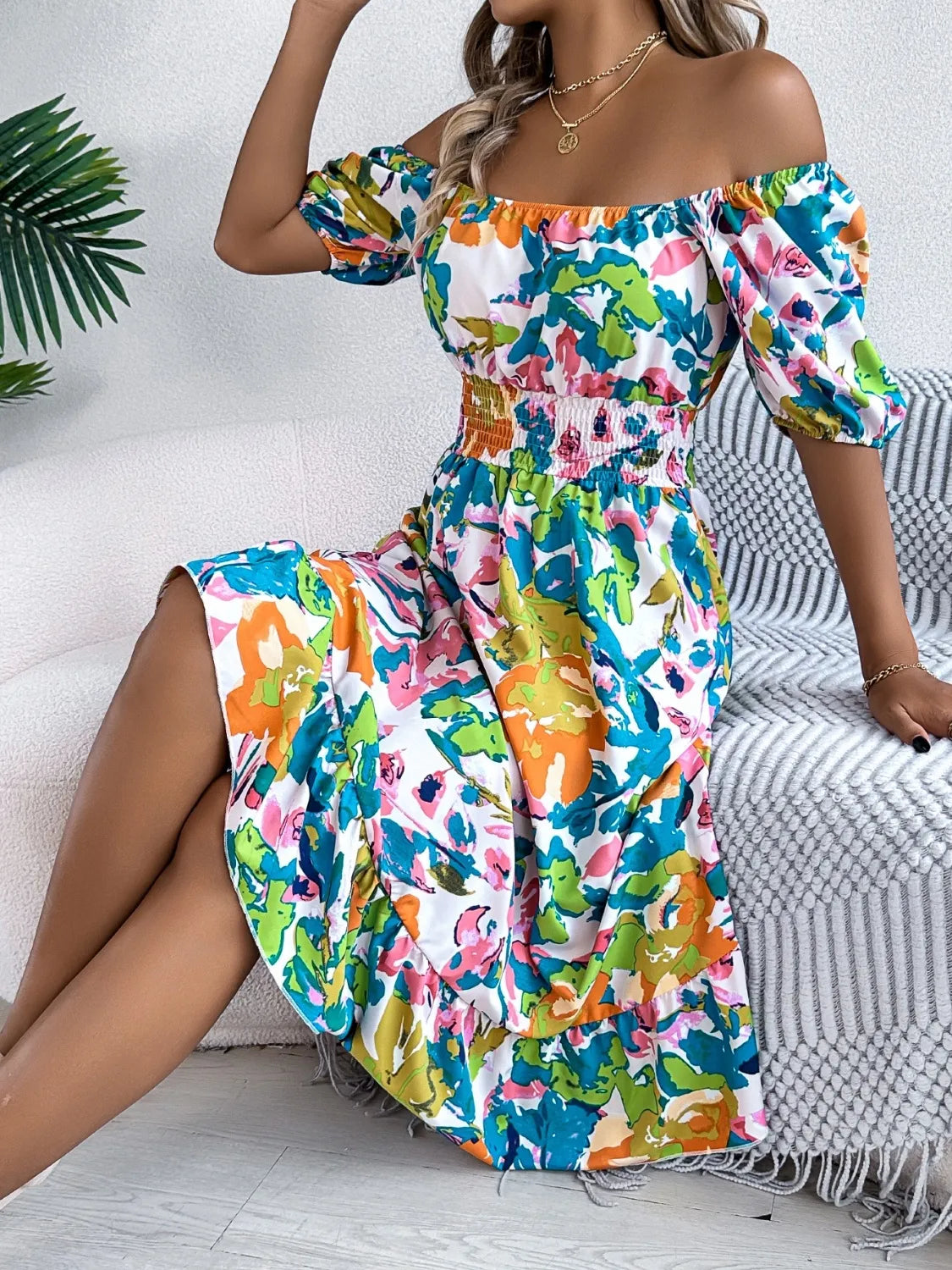 Ruffled Hem Smocked Floral Short Sleeve Midi Dress.