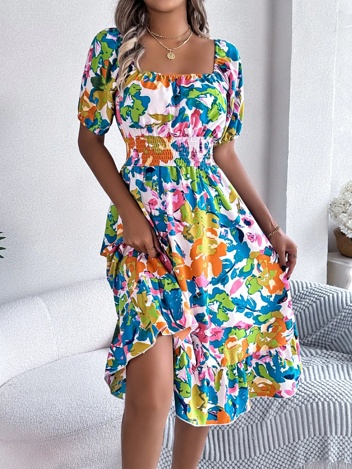 Ruffled Hem Smocked Floral Short Sleeve Midi Dress.