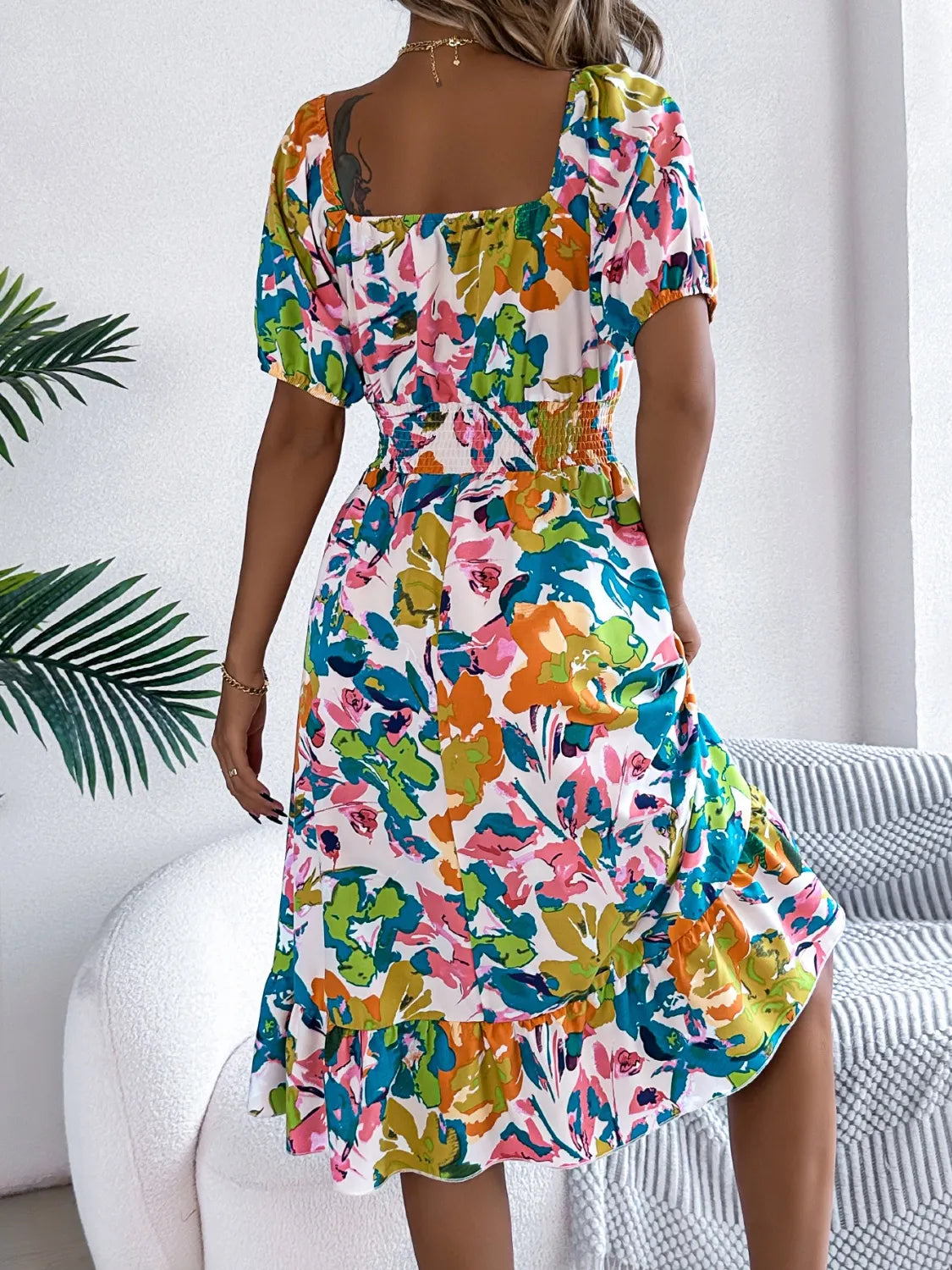 Ruffled Hem Smocked Floral Short Sleeve Midi Dress.