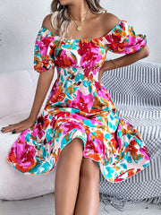 Ruffled Hem Smocked Floral Short Sleeve Midi Dress.