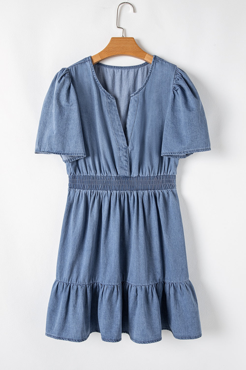 Ruffled Hem Smocked Flutter Sleeve Denim Mini Dress.