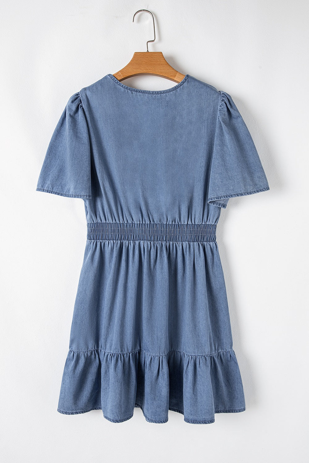 Ruffled Hem Smocked Flutter Sleeve Denim Mini Dress.