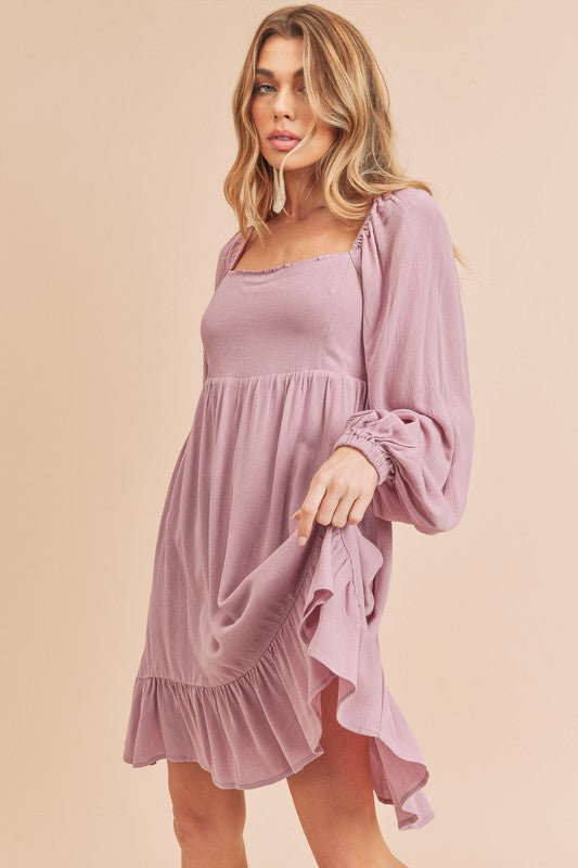 Aemi Co Ruffled Hem Square Neck Balloon Sleeve Mini Dress.