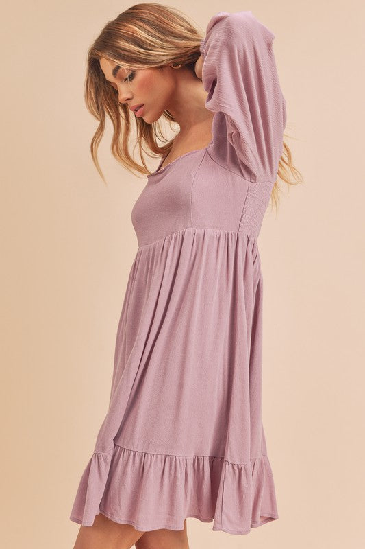 Aemi Co Ruffled Hem Square Neck Balloon Sleeve Mini Dress.