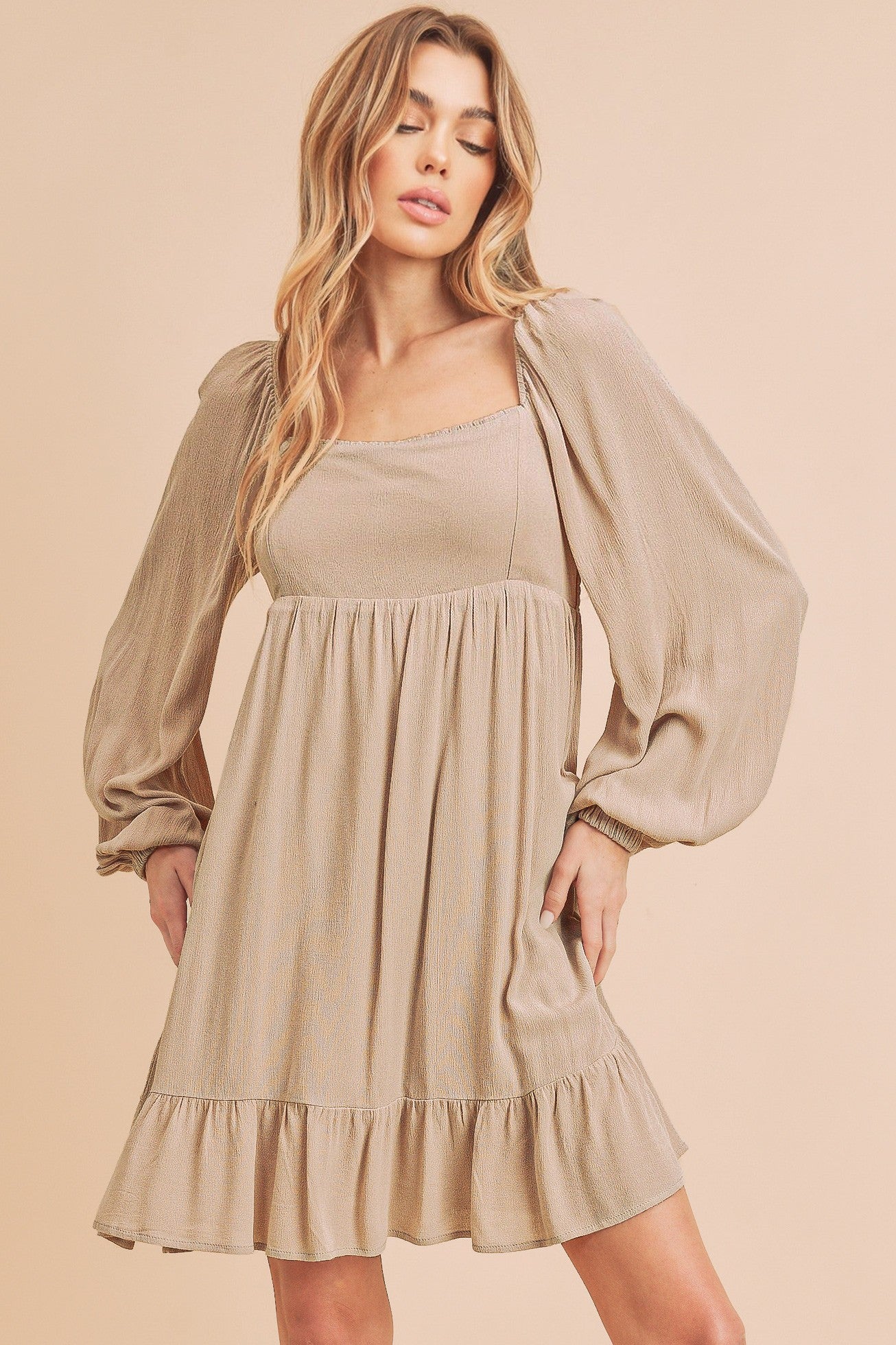 Aemi Co Ruffled Hem Square Neck Balloon Sleeve Mini Dress.