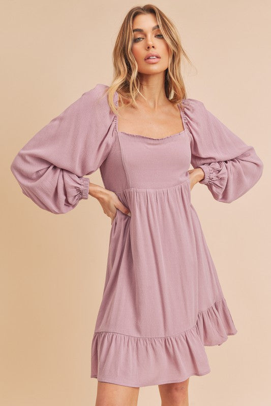 Aemi Co Ruffled Hem Square Neck Balloon Sleeve Mini Dress.