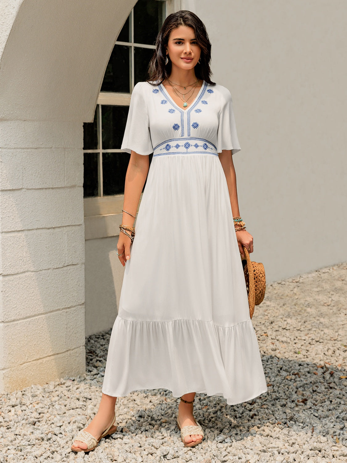 Ruffled Hem V-Neck Flutter Sleeve Dress.