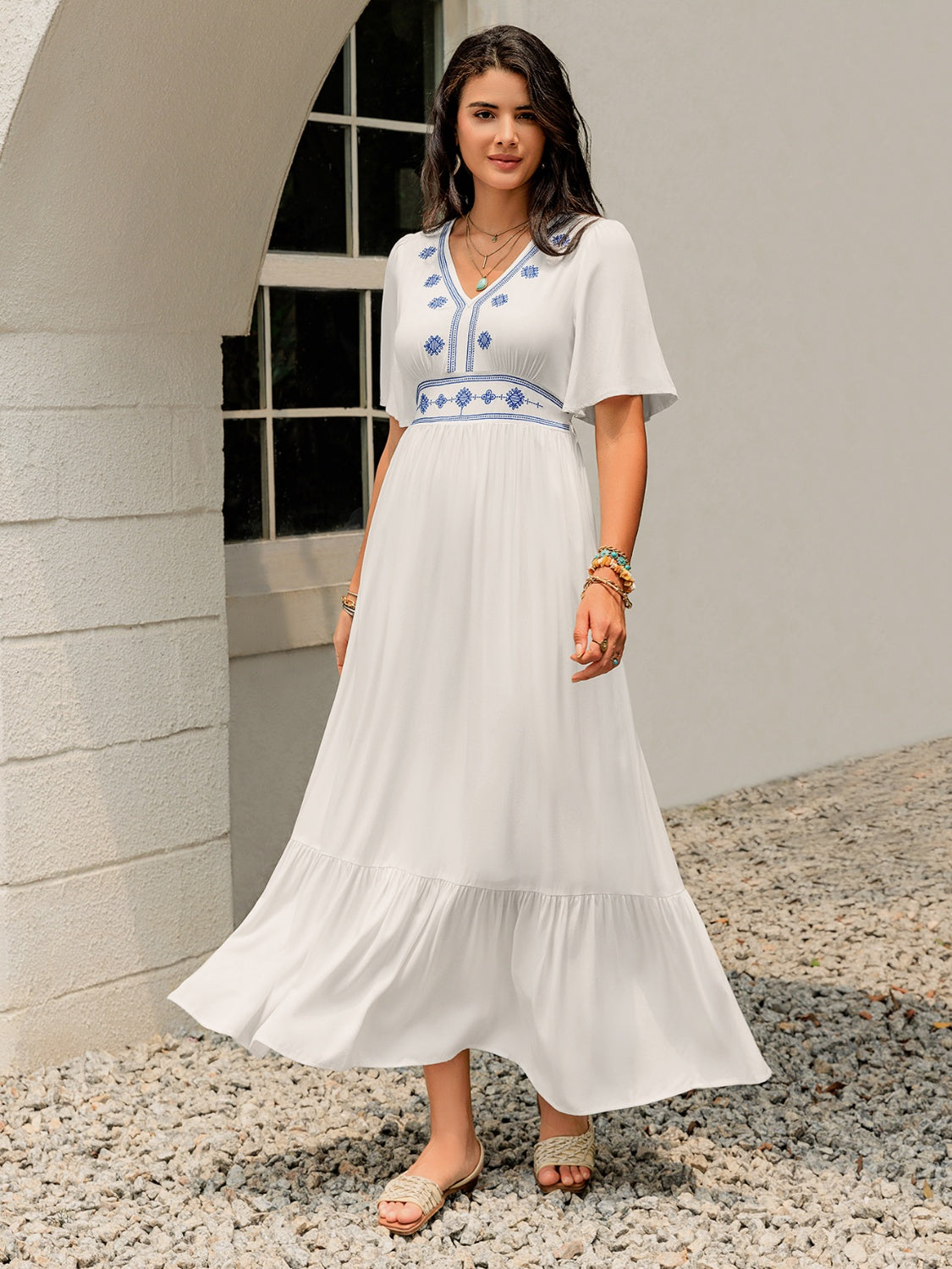 Ruffled Hem V-Neck Flutter Sleeve Dress.