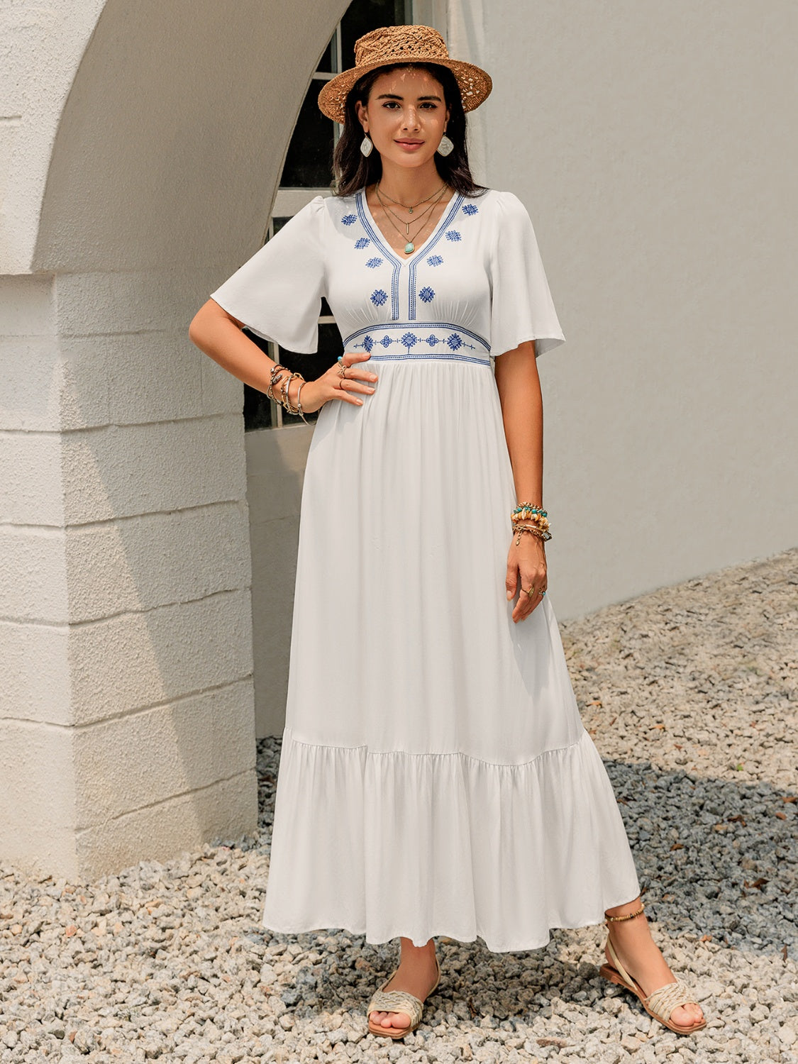 Ruffled Hem V-Neck Flutter Sleeve Dress.