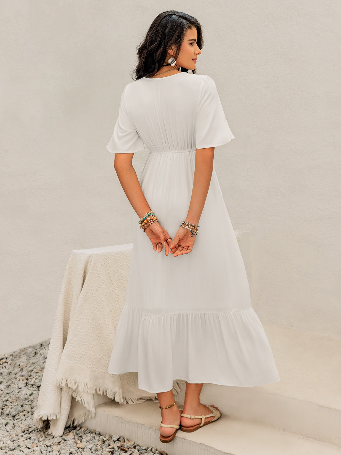 Ruffled Hem V-Neck Flutter Sleeve Dress.