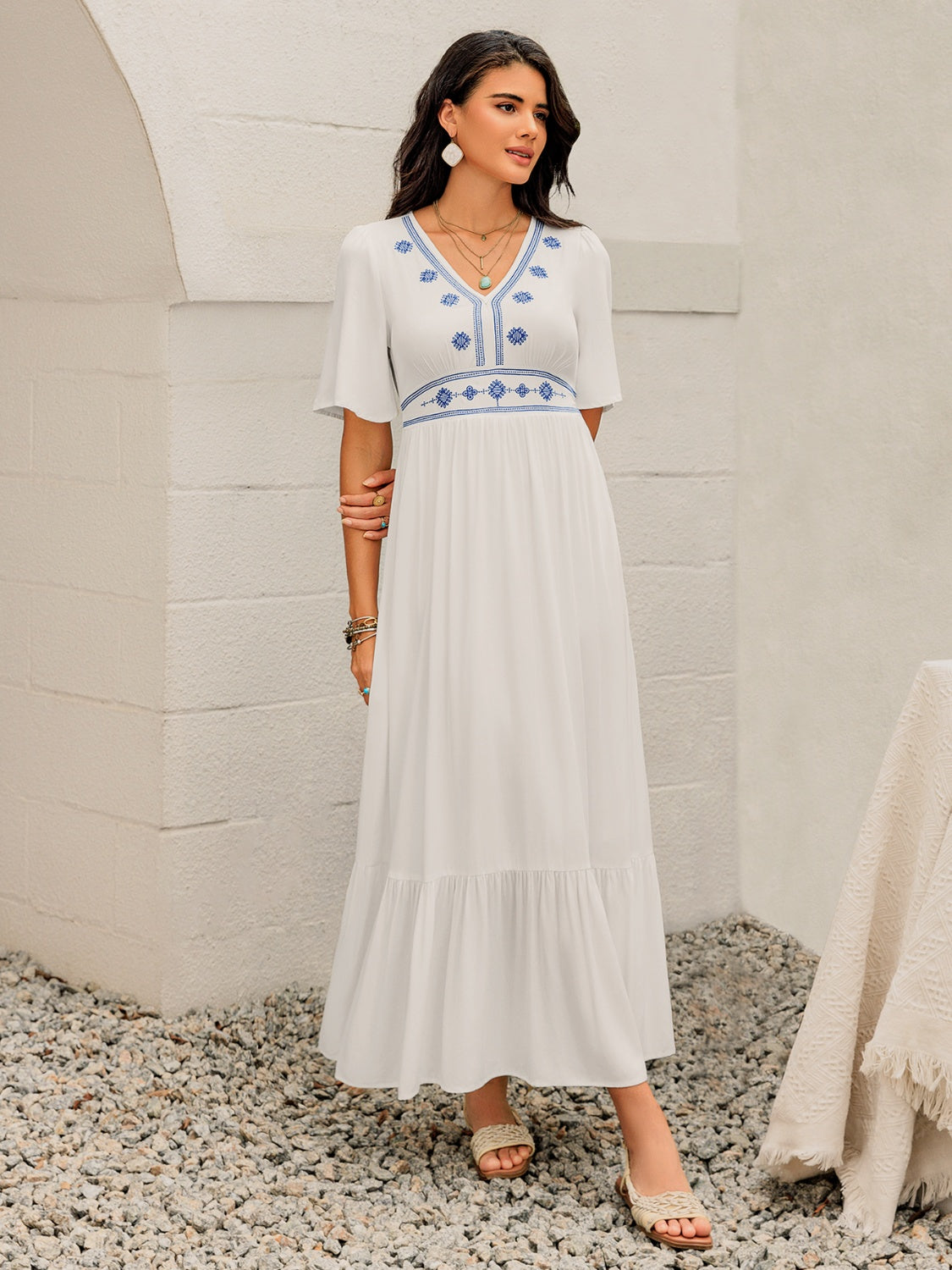 Ruffled Hem V-Neck Flutter Sleeve Dress.