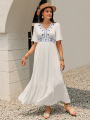Ruffled Hem V-Neck Flutter Sleeve Dress.