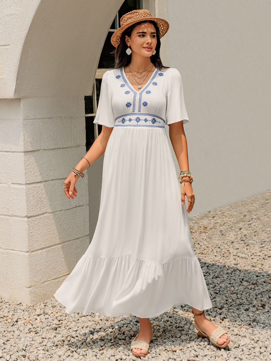 Ruffled Hem V-Neck Flutter Sleeve Dress.