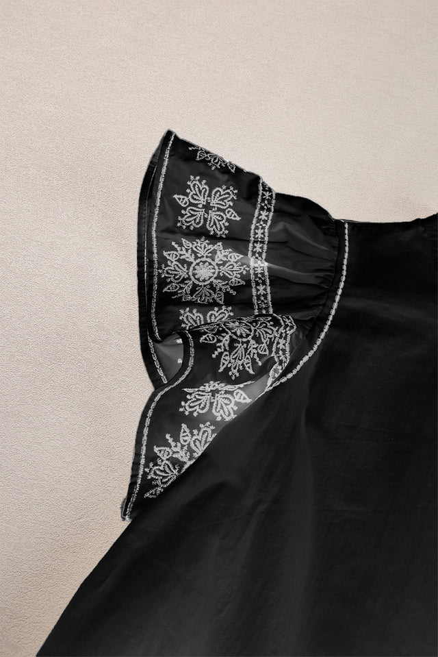Ruffled Mock Neck Cap Sleeve Blouse.
