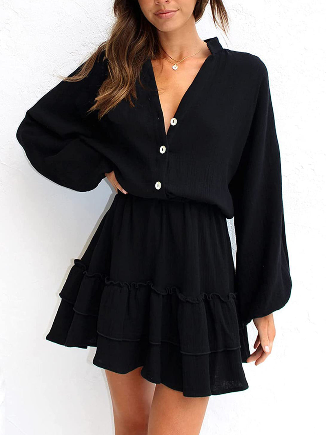 Ruffled Notched Balloon Sleeve Mini Dress.