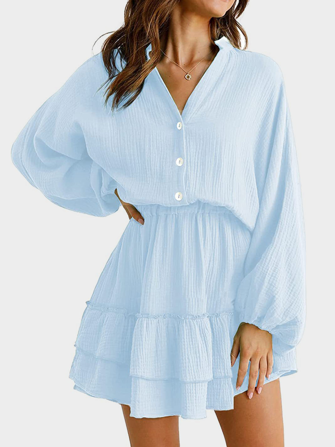 Ruffled Notched Balloon Sleeve Mini Dress.