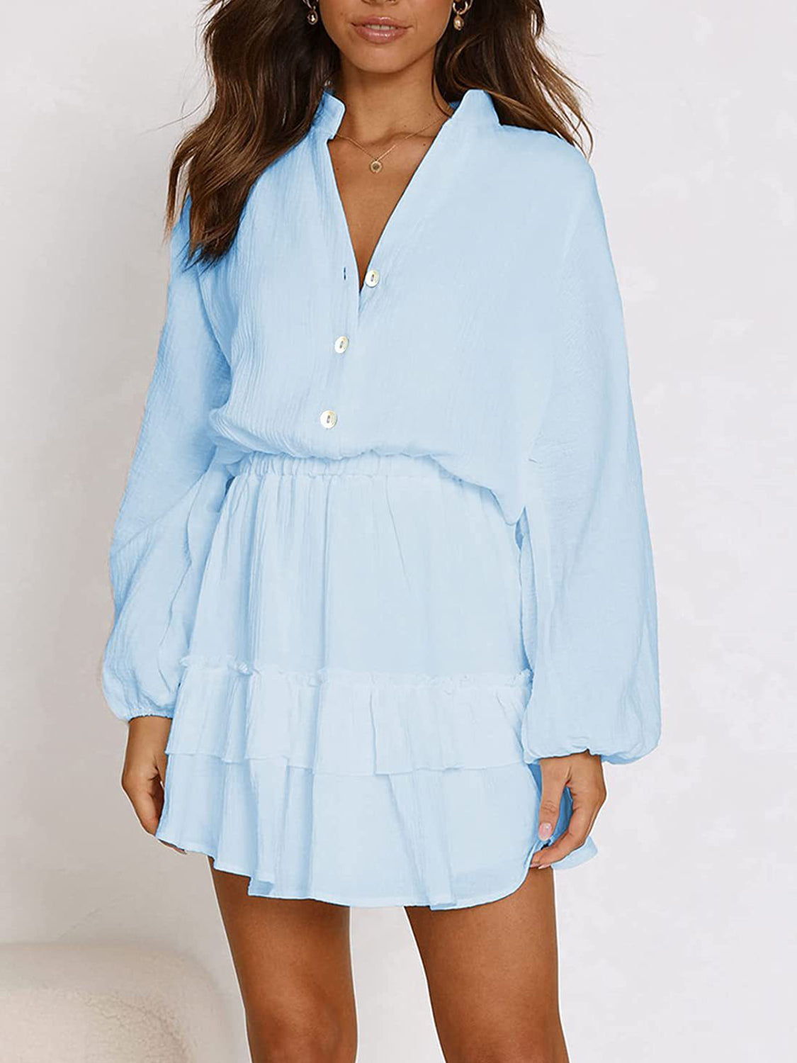 Ruffled Notched Balloon Sleeve Mini Dress.