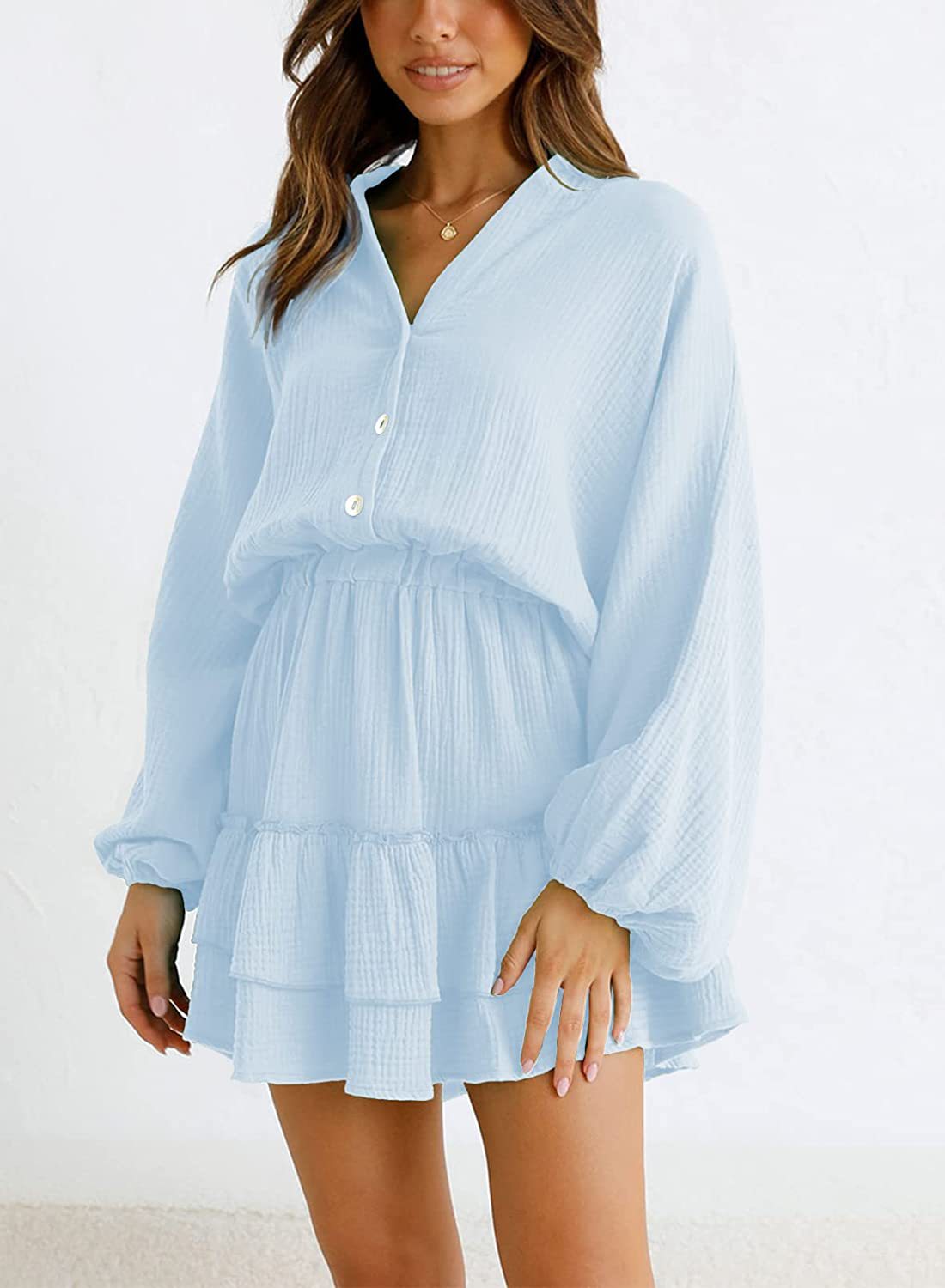 Ruffled Notched Balloon Sleeve Mini Dress.