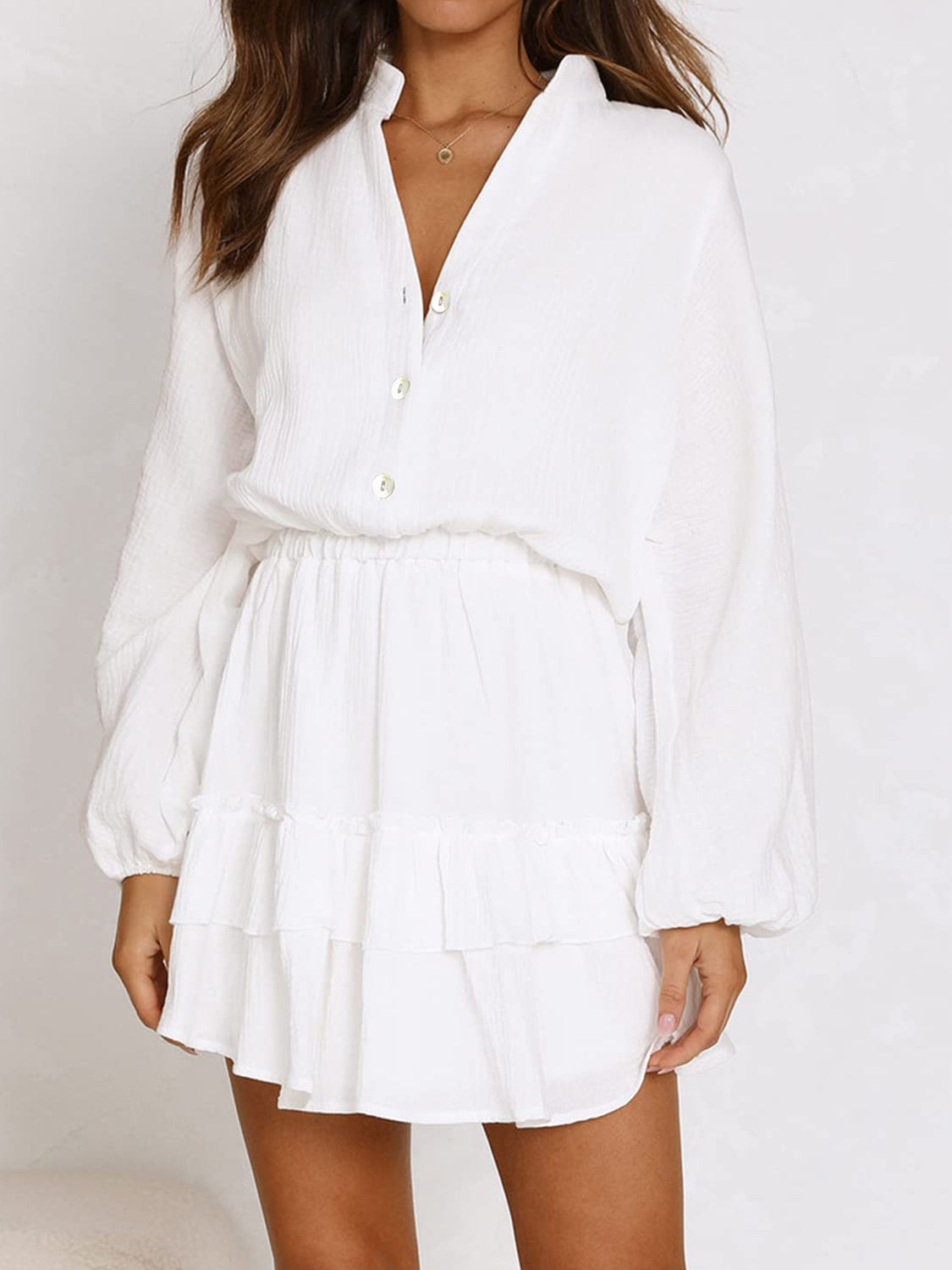 Ruffled Notched Balloon Sleeve Mini Dress.