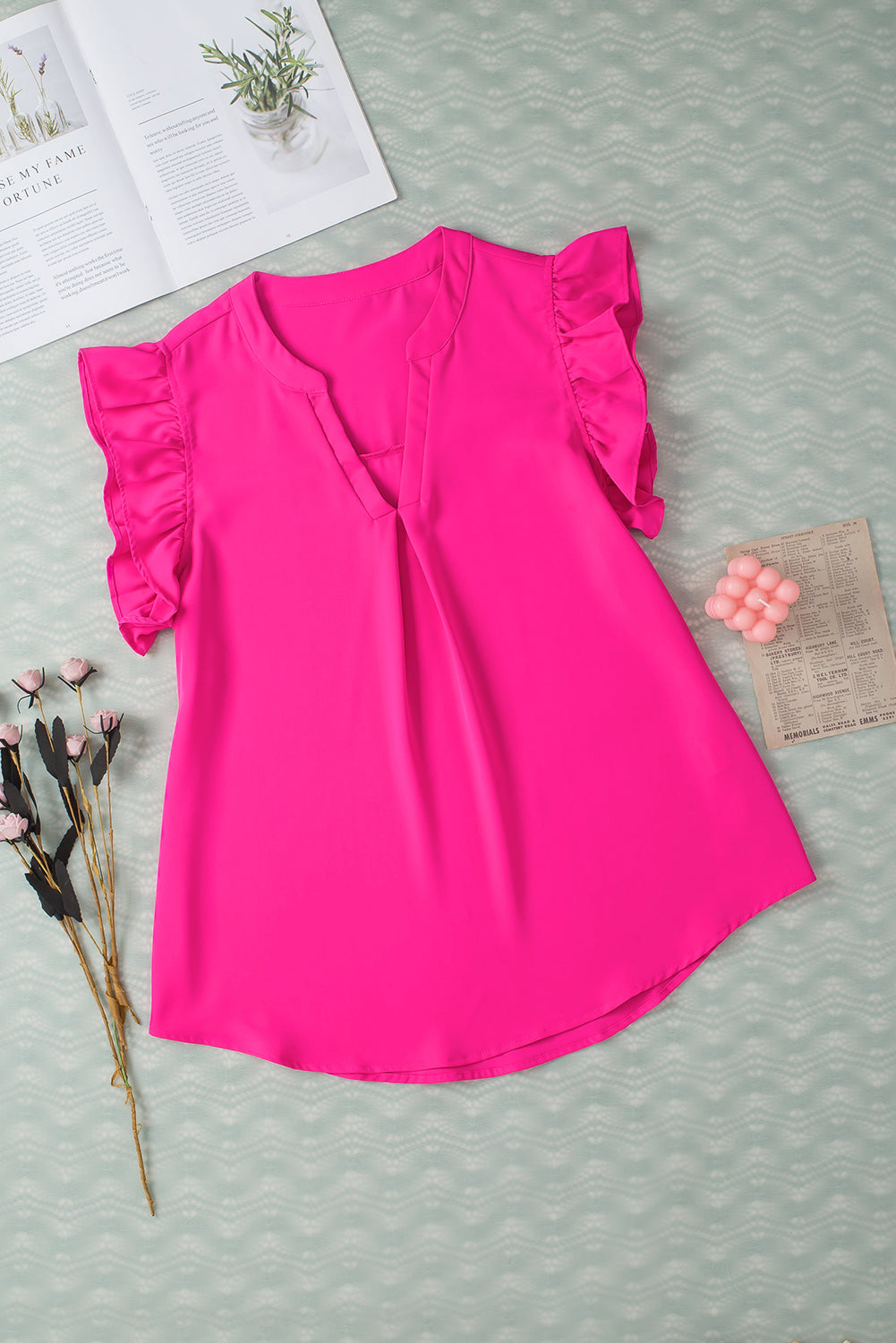 Ruffled Notched Cap Sleeve Blouse.