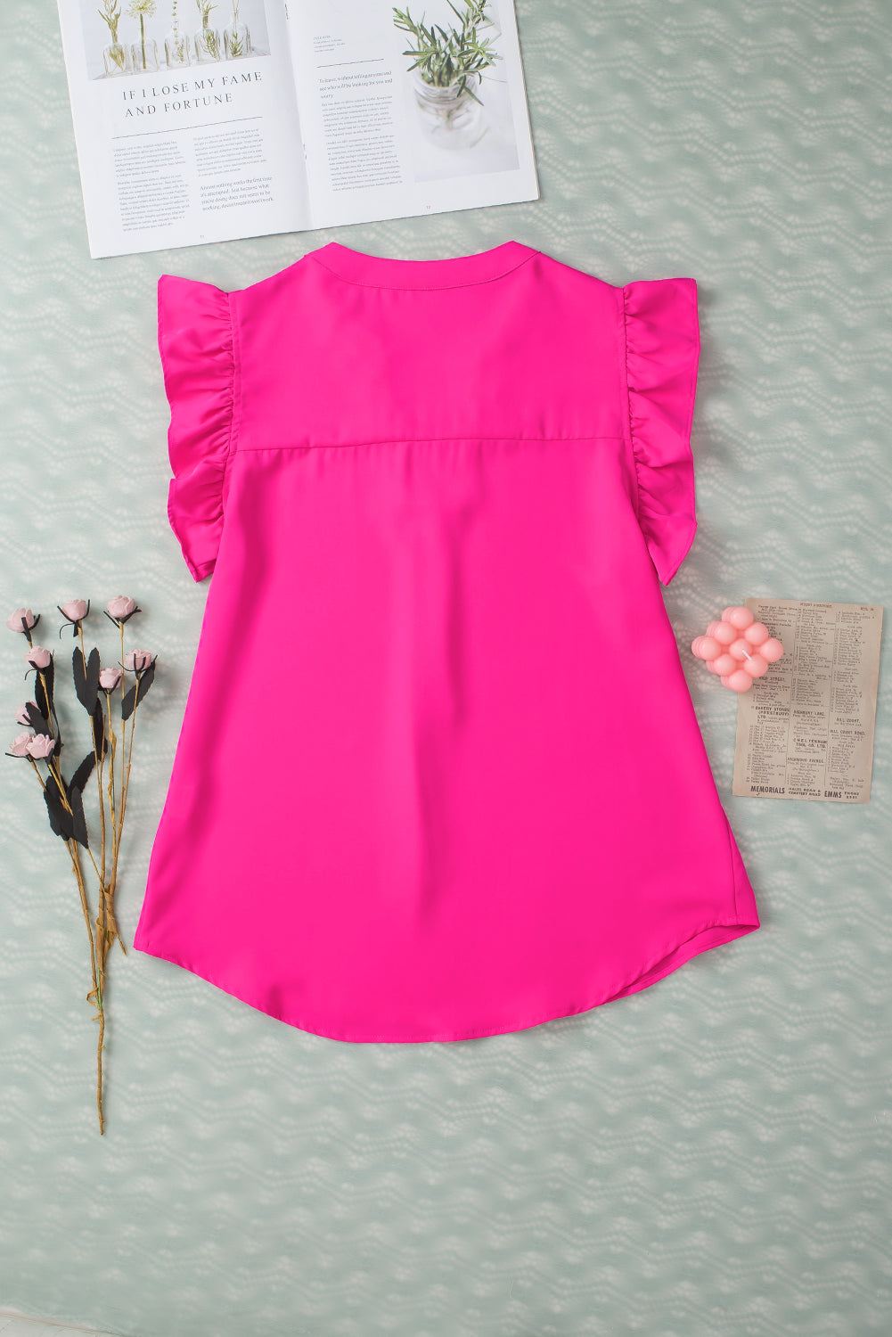 Ruffled Notched Cap Sleeve Blouse.