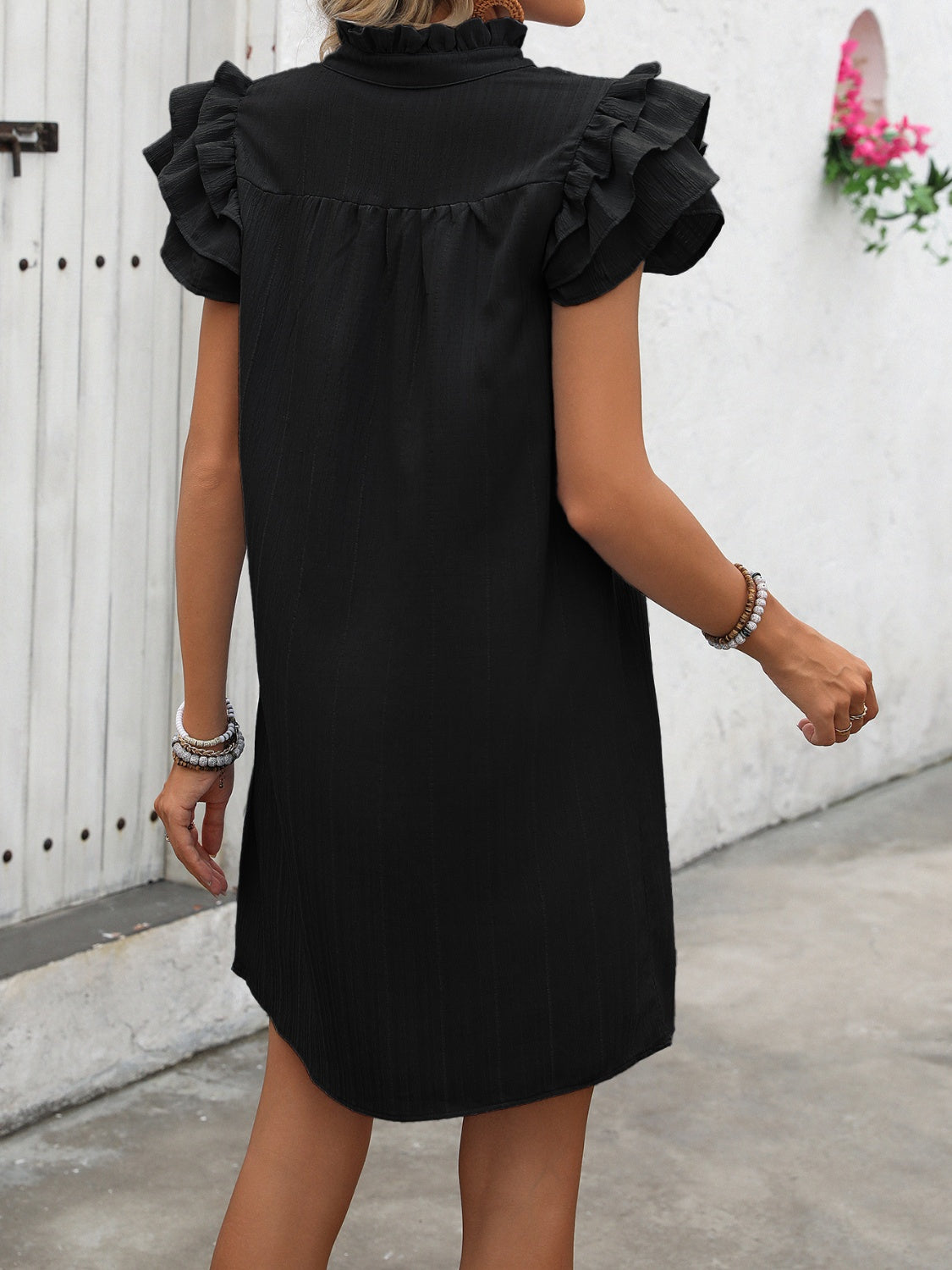 Ivy Lane Ruffled Notched Cap Sleeve Mini Dress.