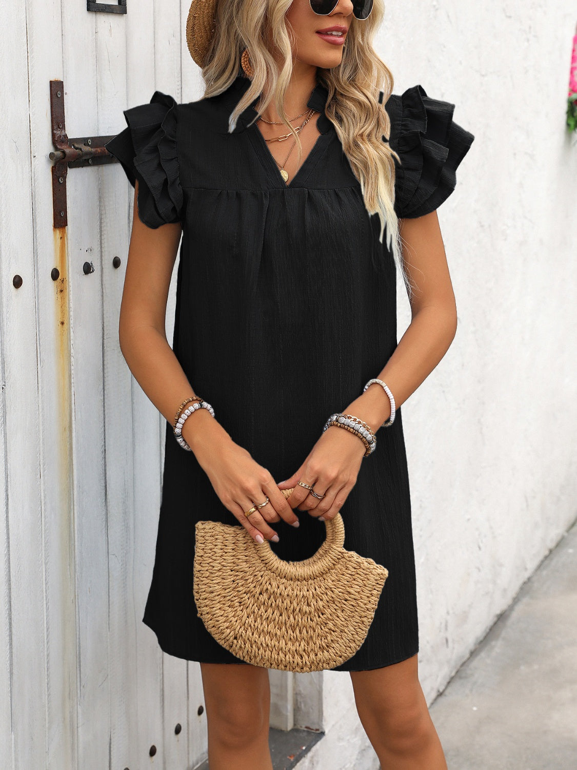 Ivy Lane Ruffled Notched Cap Sleeve Mini Dress.