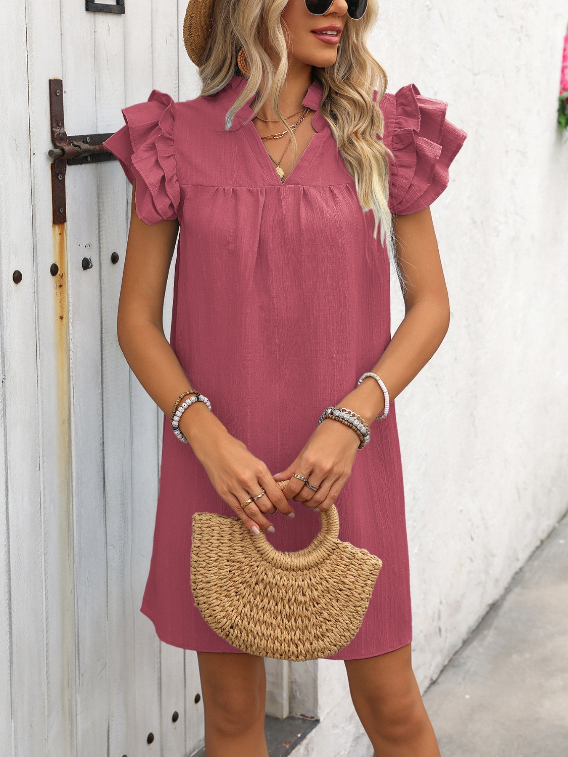 Ivy Lane Ruffled Notched Cap Sleeve Mini Dress.