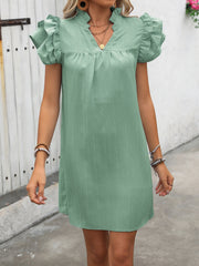 Ivy Lane Ruffled Notched Cap Sleeve Mini Dress.