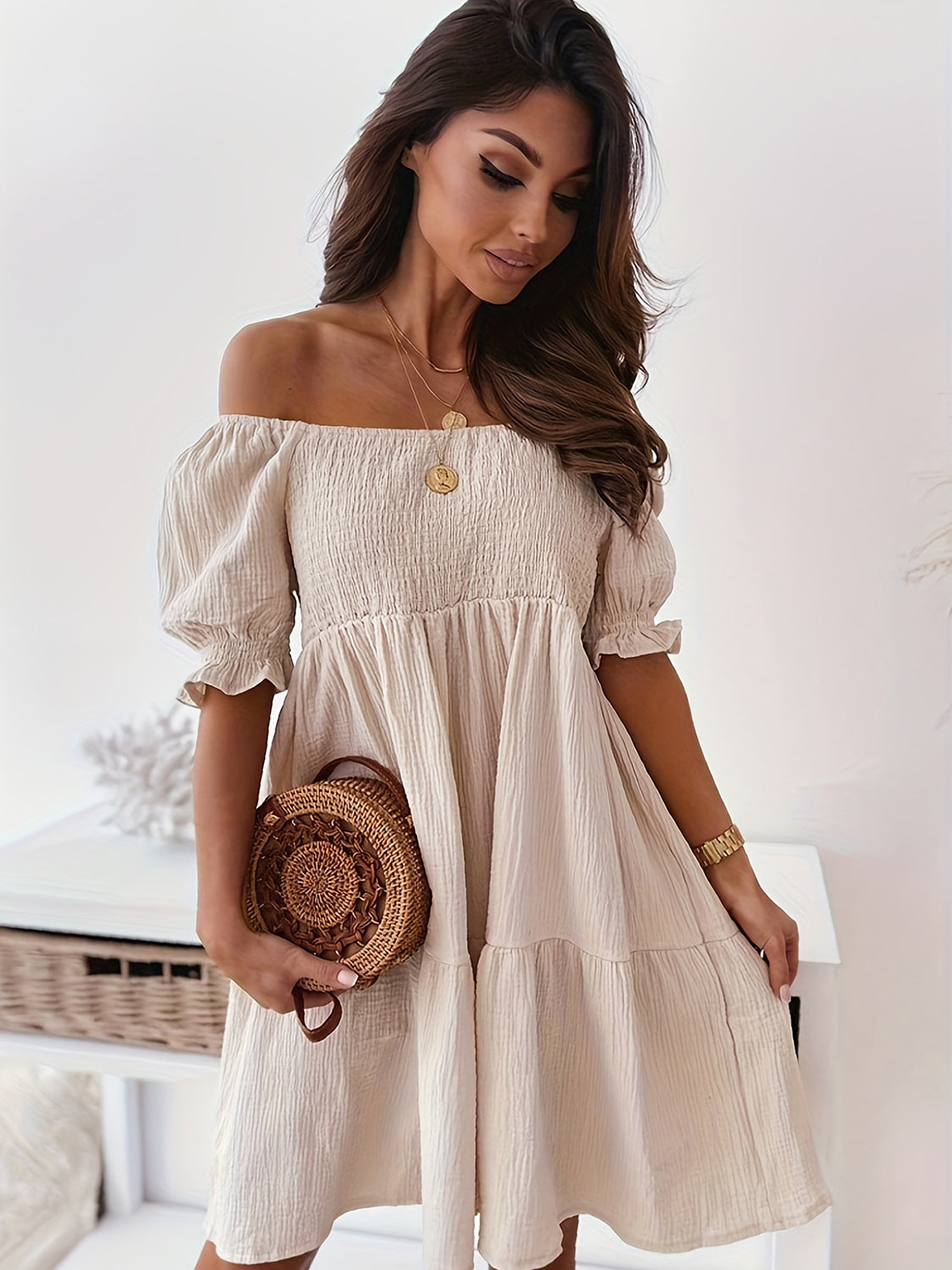 Full Size Ruffled Off-Shoulder Short Sleeve Dress.