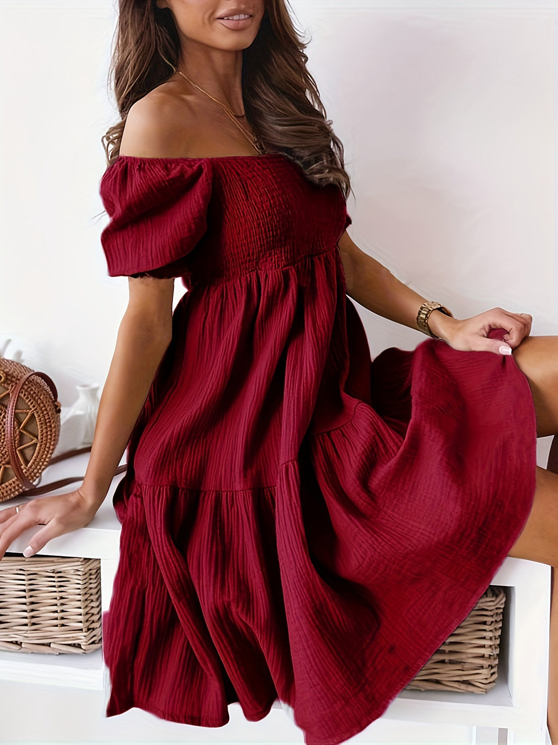 Full Size Ruffled Off-Shoulder Short Sleeve Dress.