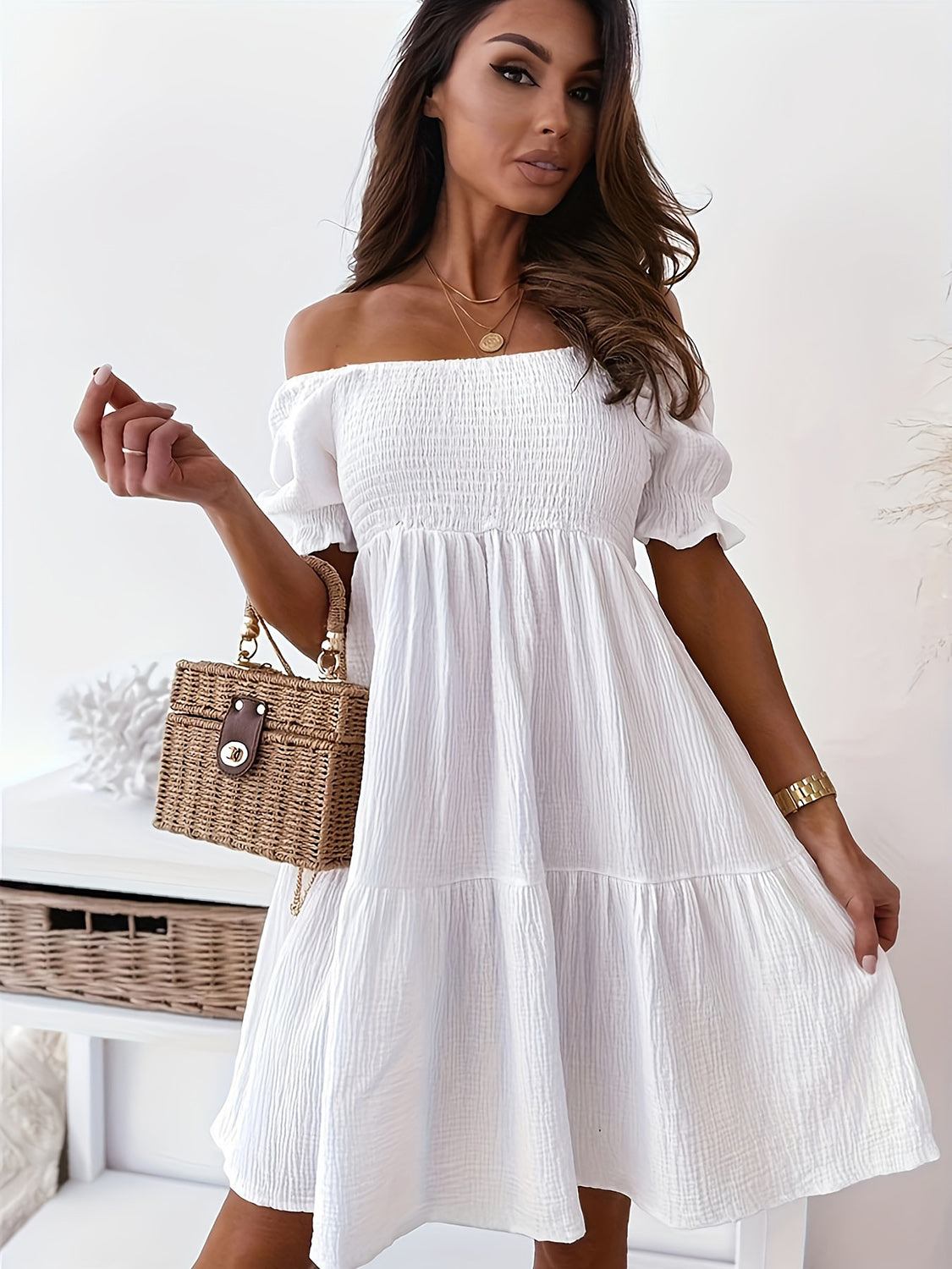 Full Size Ruffled Off-Shoulder Short Sleeve Dress.