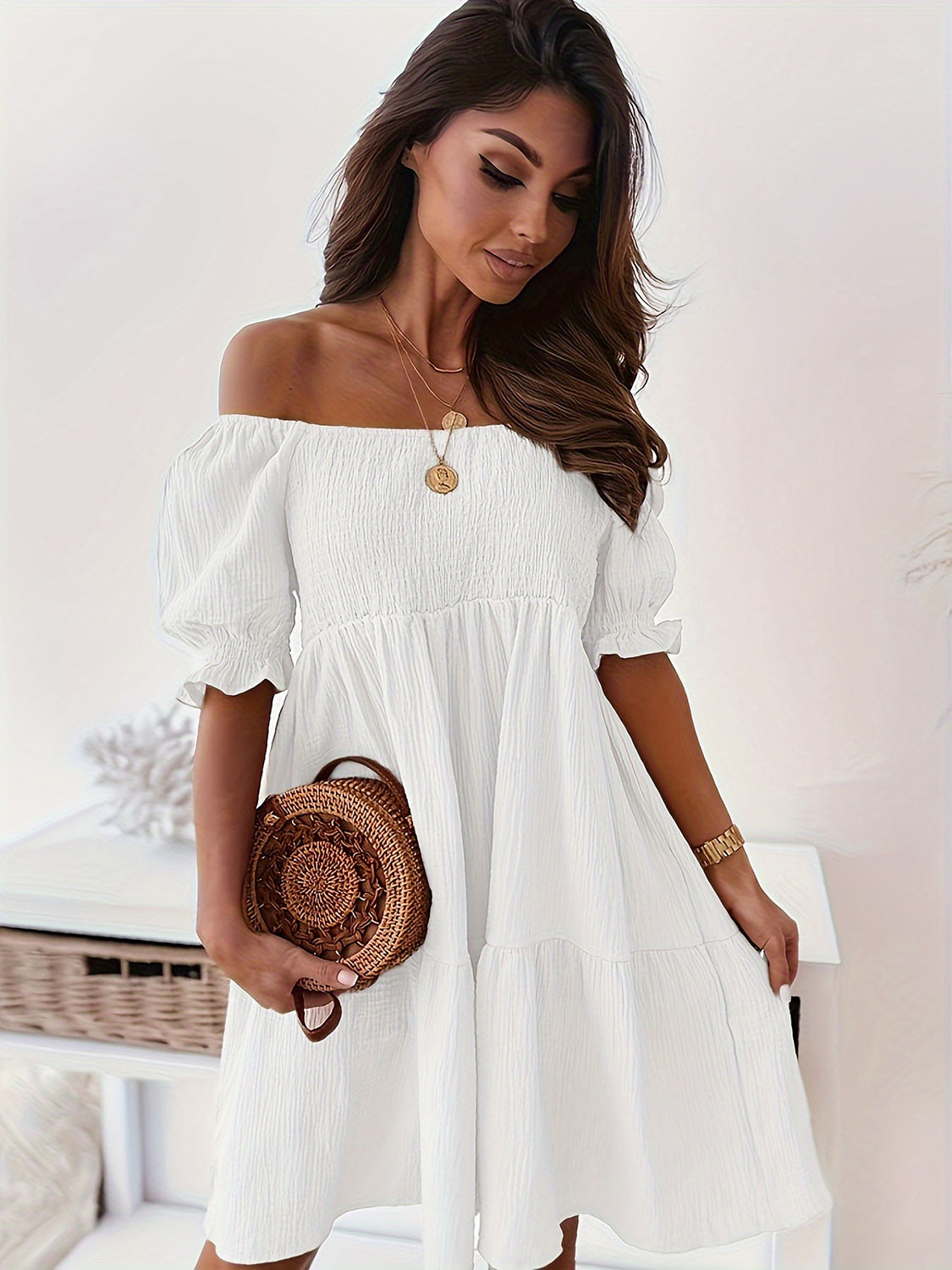 Full Size Ruffled Off-Shoulder Short Sleeve Dress.