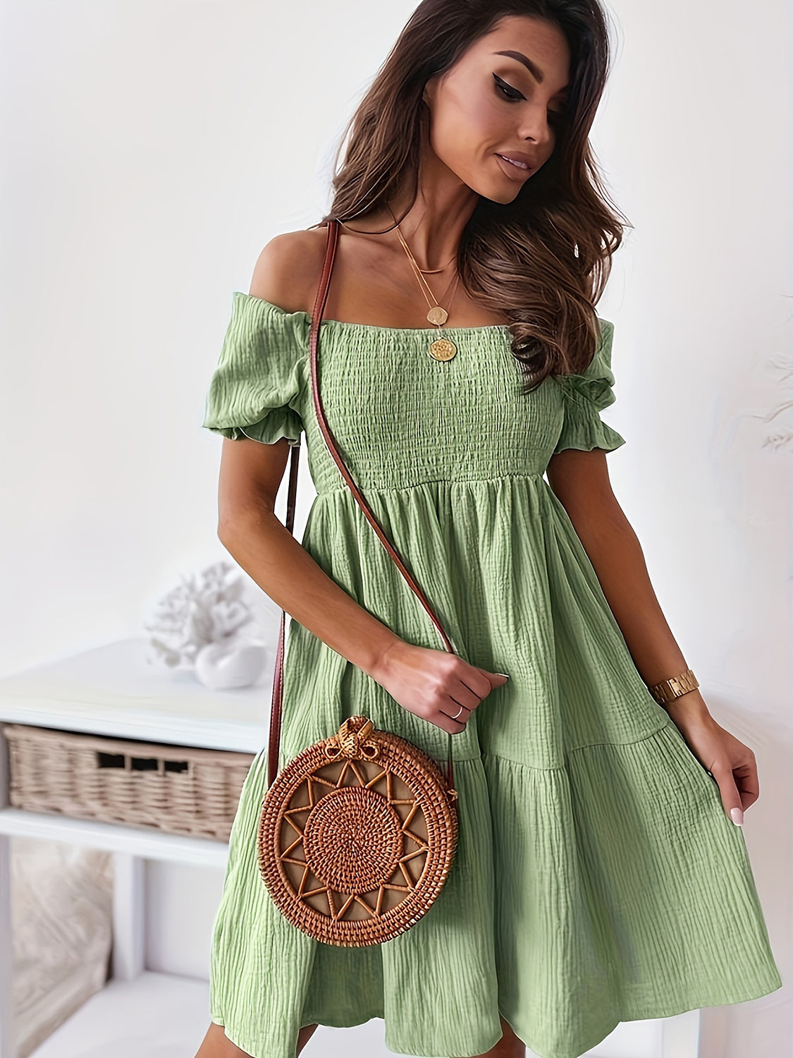 Full Size Ruffled Off-Shoulder Short Sleeve Dress.