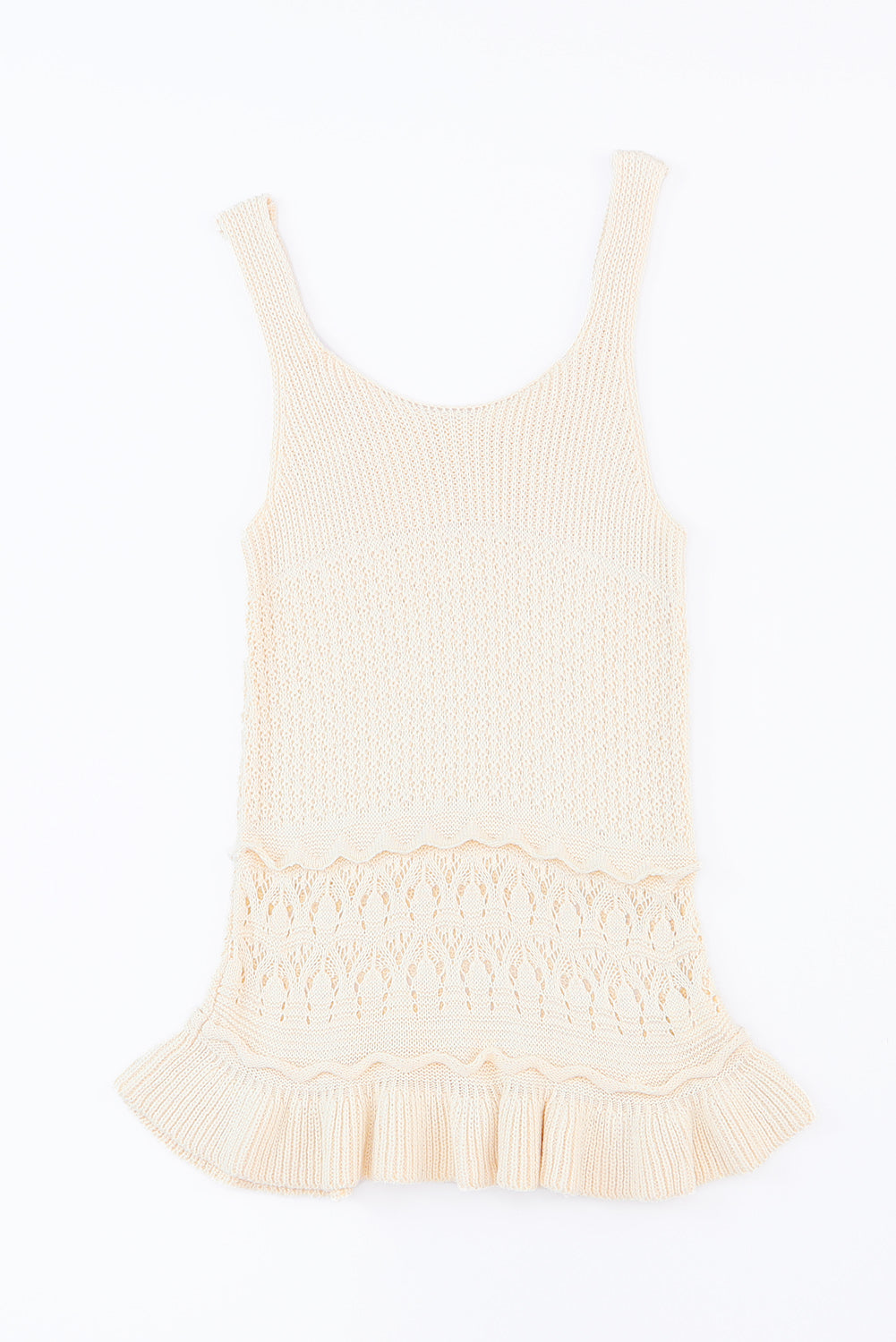 Full size ruffled openwork wide strap tank, opaque.